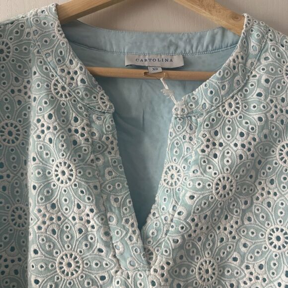 Cartolina Nantucket Embroidered Shift Eyelet Isabella Dress Spun‎ Sugar Blue XS - Picture 4 of 9